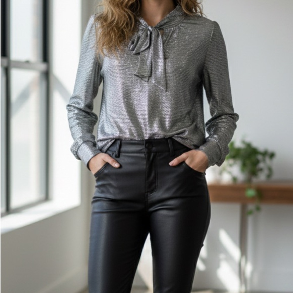 LOFT Metallic‎ Silver Tie-Neck Blouse